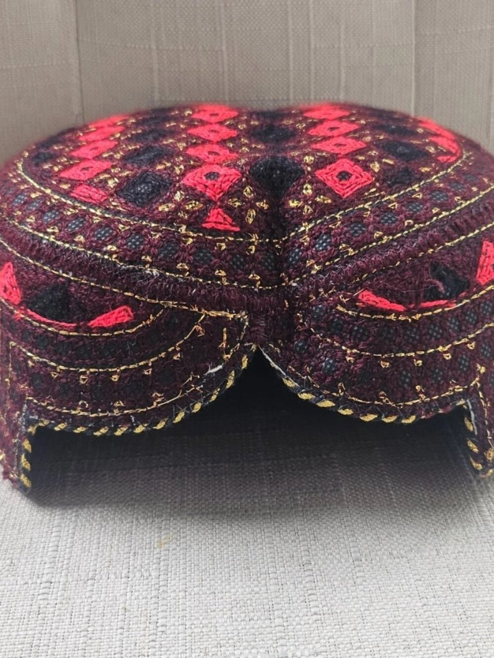 Sindhi Hat Cultural Cap Round Embroidered Handmade Red/Maroon Front Cut Hat